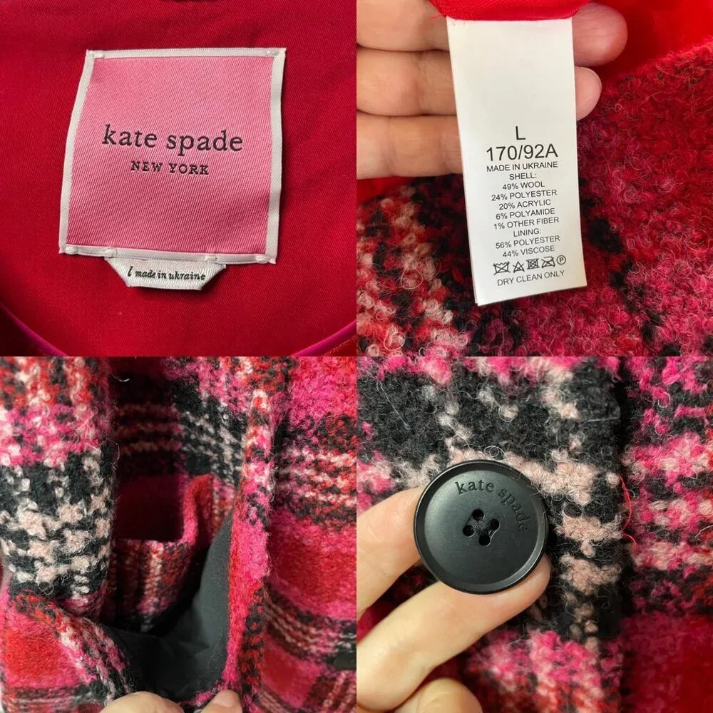 Kate Spade Foliage Plaid Sugarcoat Plush Wool Women’s Size Large Red Pink Black